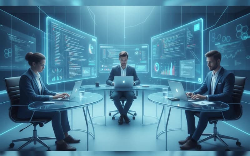 Webincoder developers working on futuristic dashboards